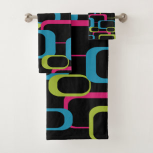 Pink Blue Green Neon Retro Squares Black Pattern Bath Towel Set