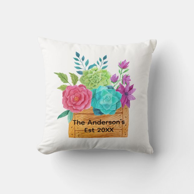 Pink Blue Green Purple Floral Basket Watercolor  Cushion (Front)