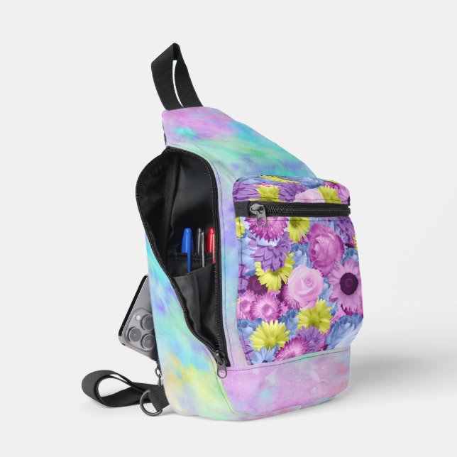 PINK BLUE GREEN PURPLE FLOWERS AND OMBRE  SLING BAG (Open)