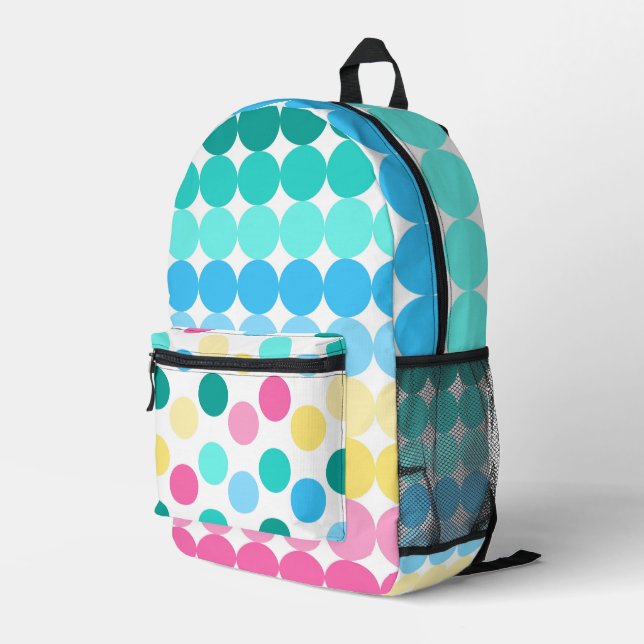 PINK BLUE GREEN YELLOW AQUA POLKA DOTS PRINTED BACKPACK (Back Corner Right)