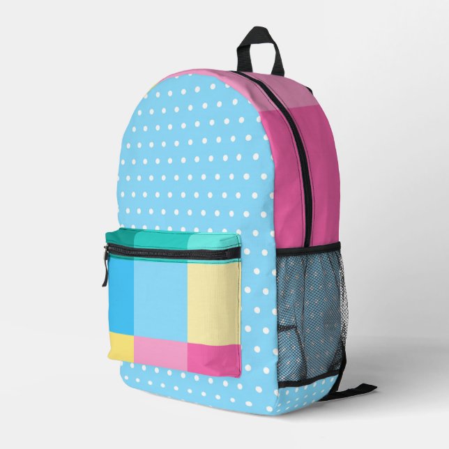 PINK BLUE GREEN YELLOW CUBES & POLKA DOTS PRINTED BACKPACK (Back Corner Right)