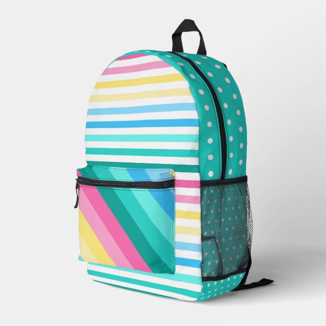 PINK BLUE GREEN YELLOW STRIPES & POLKA DOTS PRINTED BACKPACK (Back Corner Right)