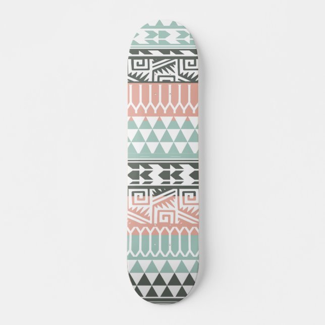 Pink Blue Grey Abstract Aztec Tribal Print Pattern Skateboard (Front)