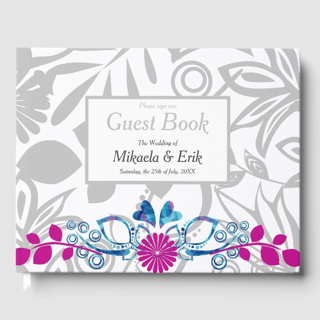 Pink Blue Grey Floral Pattern Guest Book (Front)