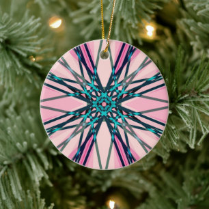 Pink Blue Grey Fractal Snowflake Winter Festive Ceramic Tree Decoration