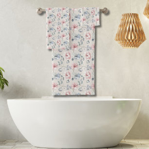 Pink Blue Grey Muted Pastel Florals Shabby Chic Bath Towel Set