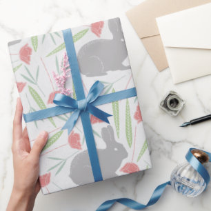 Pink Blue Grey Spring Floral Easter Bunny Pattern Wrapping Paper