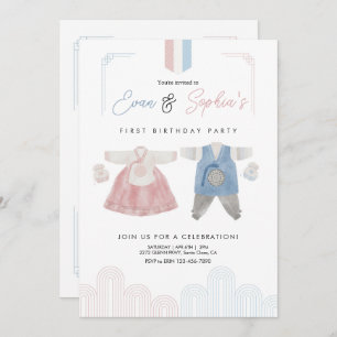 Pink Blue Hanbok Korean Doljanchi First Birthday  Invitation