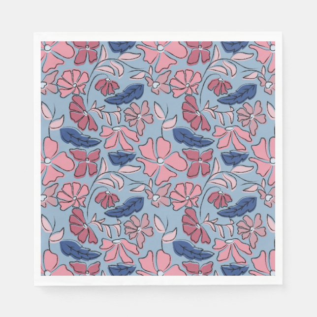Pink Blue Hand Drawn Floral Block Print Napkin (Front)