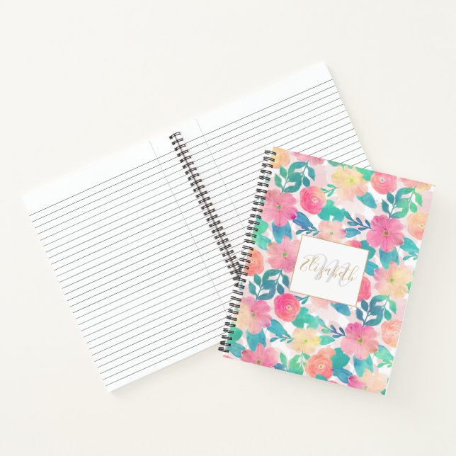 Pink Blue Hand Paint Floral Girly Design Notebook (Inside)