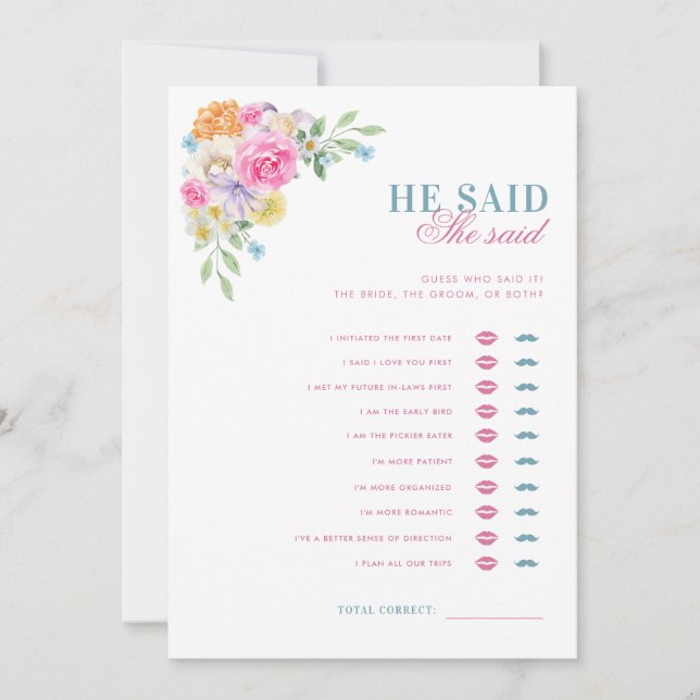 Pink & Blue He Said She Said Bridal Shower Game Invitation (Front)