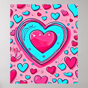 Pink Blue Heart Pattern Poster
