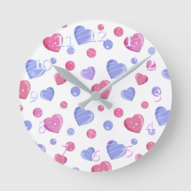 Pink, blue hearts on a white background. round clock (Front)