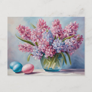 Pink, Blue Hyacinth Flowers and Easter Eggs Holiday Postcard