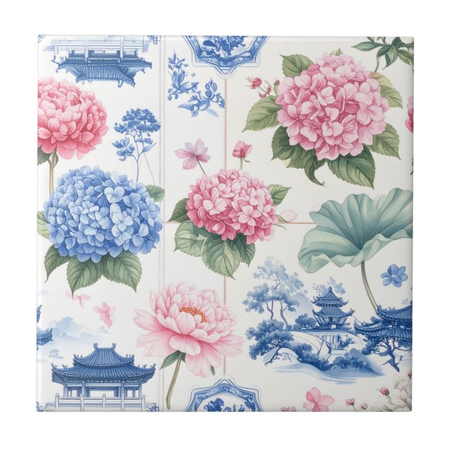 Pink Blue Hydrangea Peony Garden Tile (Front)