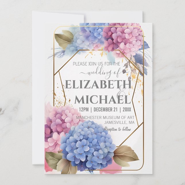 Pink Blue Hydrangea Watercolor Wedding Gold Frame Invitation (Front)