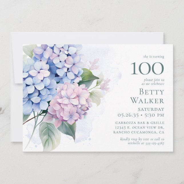 Pink Blue Hydrangeas 100th Birthday Card Request (Front)