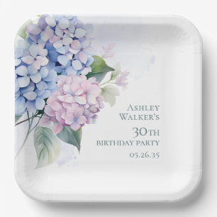 Pink Blue Hydrangeas 30th Birthday Paper Plate