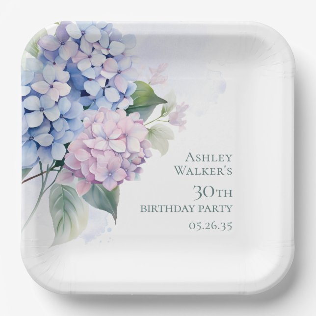 Pink Blue Hydrangeas 30th Birthday Paper Plate (Front)