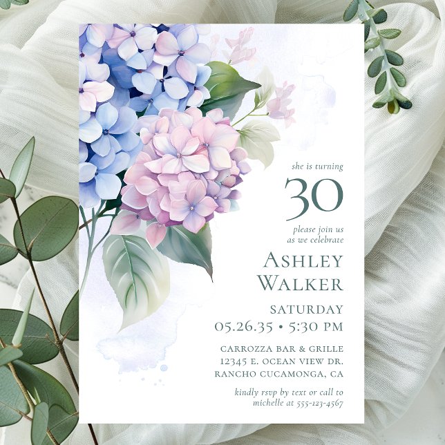 Pink Blue Hydrangeas 30th Birthday Party Invitation (Creator Uploaded)