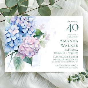 Pink Blue Hydrangeas 40th Birthday Party Invitation