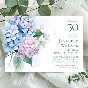 Pink Blue Hydrangeas 50th Birthday Party Invitation