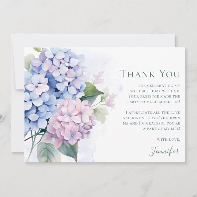 Pink Blue Hydrangeas 50th Birthday  Thank You Card (Front)