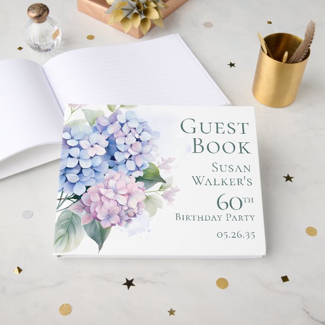 Pink Blue Hydrangeas 60th Birthday  Guest Book (Front Open)