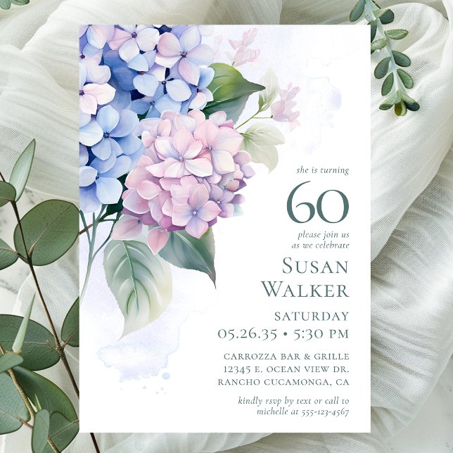 Pink Blue Hydrangeas 60th Birthday Party Invitation (Creator Uploaded)