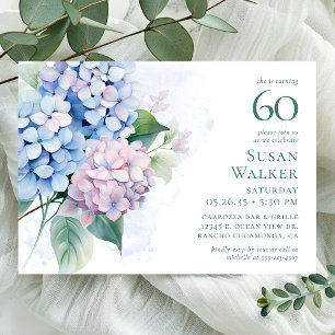 Pink Blue Hydrangeas 60th Birthday Party Invitation
