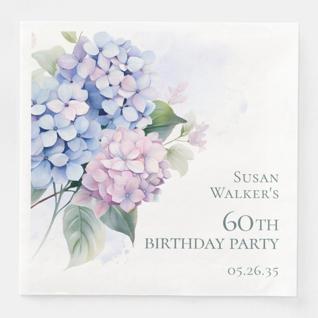 Pink Blue Hydrangeas 60th Birthday Party Napkin (Front)