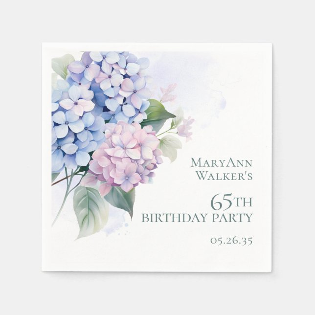 Pink Blue Hydrangeas 65th Birthday Party Napkin (Front)