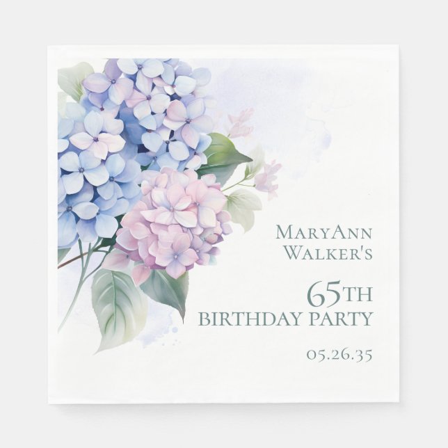 Pink Blue Hydrangeas 65th Birthday Party Napkin (Front)