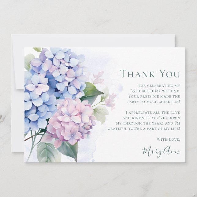 Pink Blue Hydrangeas 65th Birthday  Thank You Card (Front)