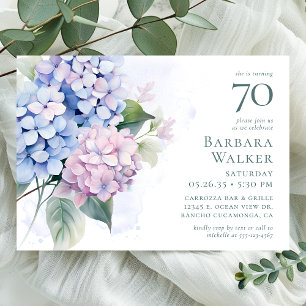 Pink Blue Hydrangeas 70th Birthday Party Invitation