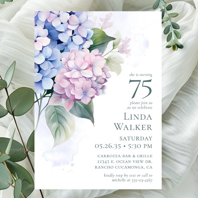 Pink Blue Hydrangeas 75th Birthday Party Invitation (Creator Uploaded)