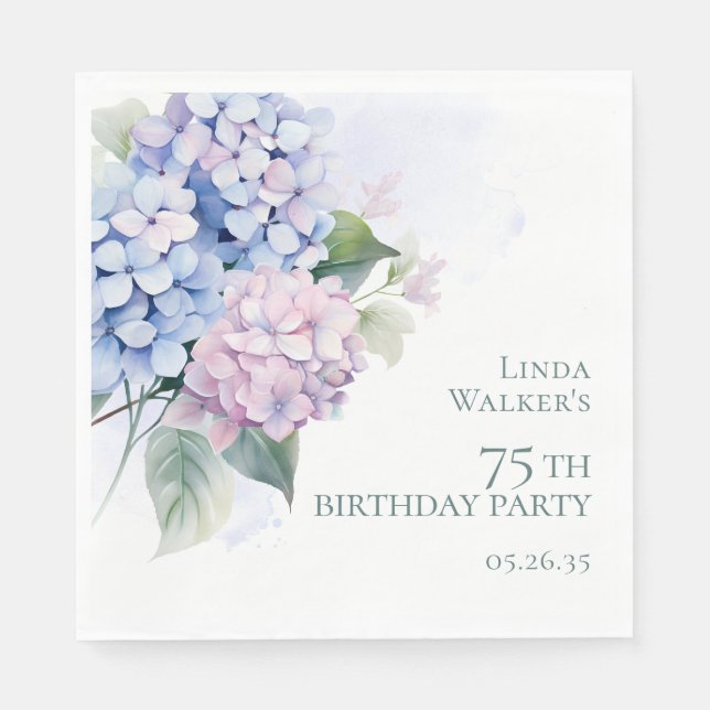 Pink Blue Hydrangeas 75th Birthday Party Napkin (Front)