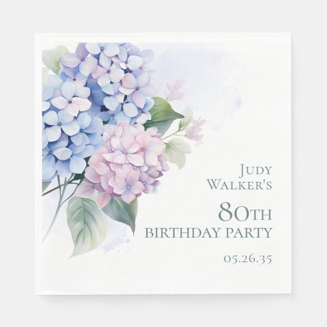 Pink Blue Hydrangeas 80th Birthday Party Napkin (Front)