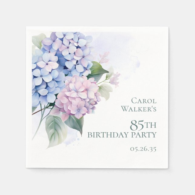 Pink Blue Hydrangeas 85th Birthday Party Napkin (Front)