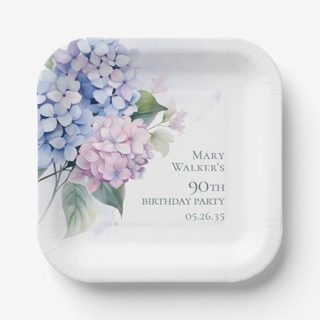 Pink Blue Hydrangeas 90th Birthday Paper Plate (Front)