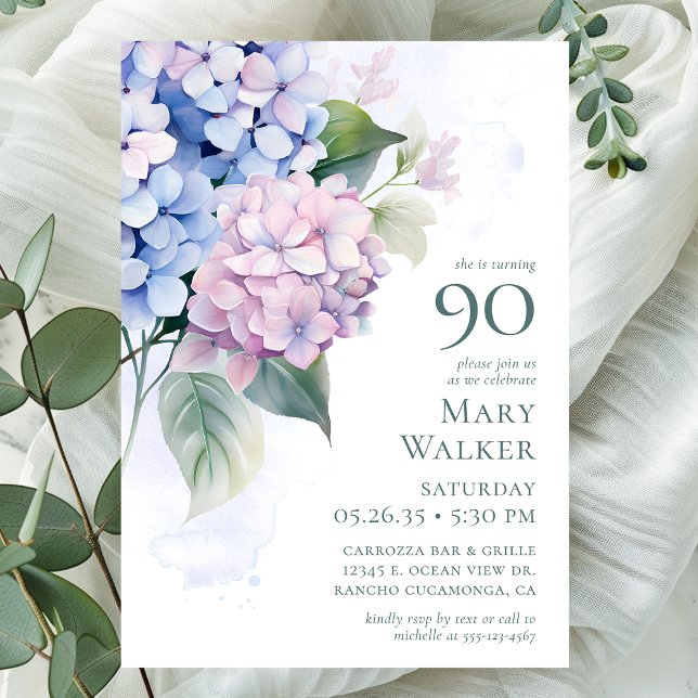  Pink Blue Hydrangeas 90th Birthday Party Invitation (Creator Uploaded)