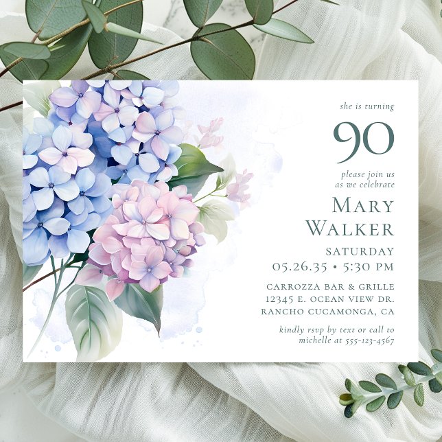 Pink Blue Hydrangeas 90th Birthday Party Invitation (Creator Uploaded)