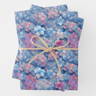 Pink Blue Hydrangeas Floral in Bloom  Wrapping Paper Sheet