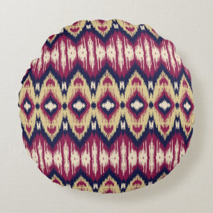 Pink blue ikat chevron, ethnic. round cushion