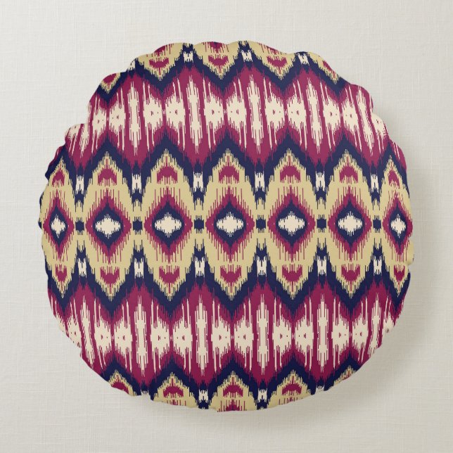 Pink blue ikat chevron, ethnic. round cushion (Front)