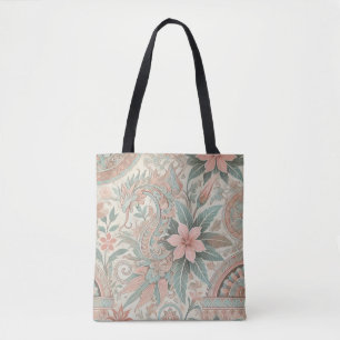 Pink Blue Indonesian Batik Floral Pattern Tote Bag