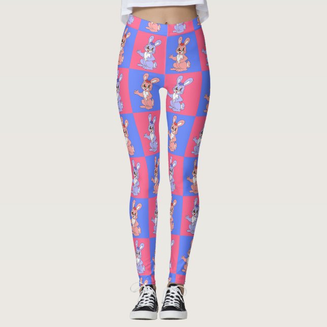 Pink Blue Kawaii Cute Chequered Bunny Rabbit Leggings (Front)