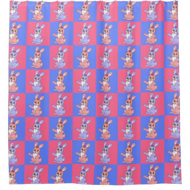 Pink Blue Kawaii Cute Chequered Bunny Rabbit Shower Curtain (Front)