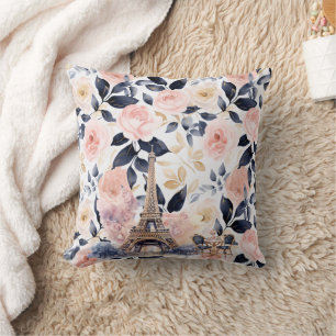 Pink Blue Leaves Floral Paris Eiffel Tower Cushion