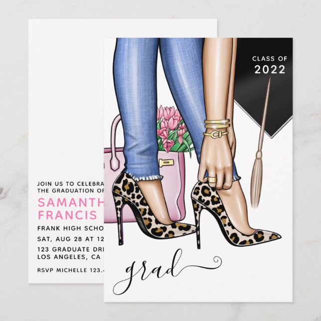 Pink & Blue Leopard Fashion Girl Graduation Party  Invitation (Front/Back)